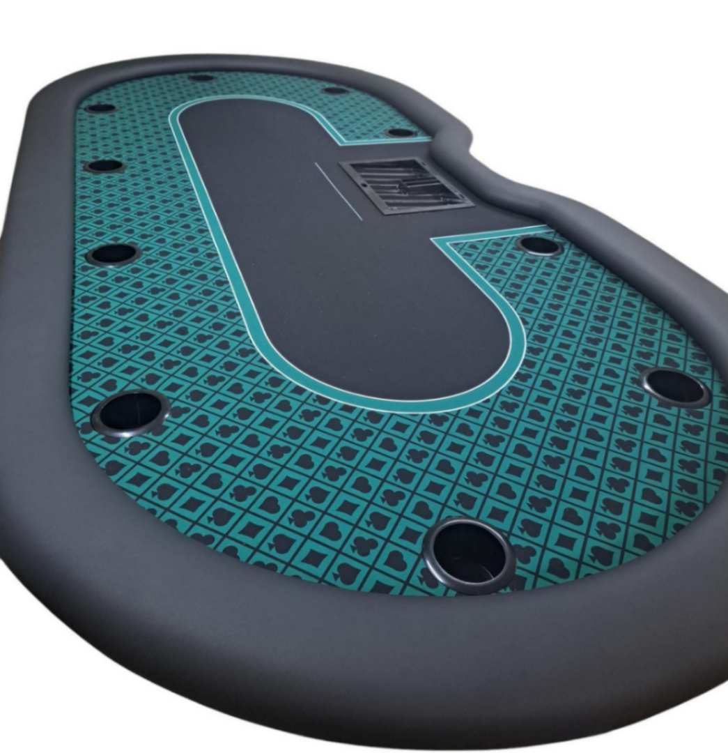 Custom Pokertisch mit geometrischem Muster in Türkis und bündigen Getränkehaltern
